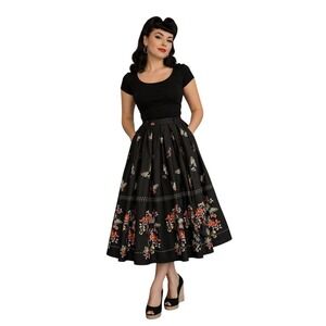 Hell Bunny Skirt Womens XS Black Butterfly Floral Rockabilly Midi Pockets Cotton